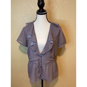 enares Deep V-Neck Ruffle Collar short sleeve blouse,‎ Size Small, Purple/Green